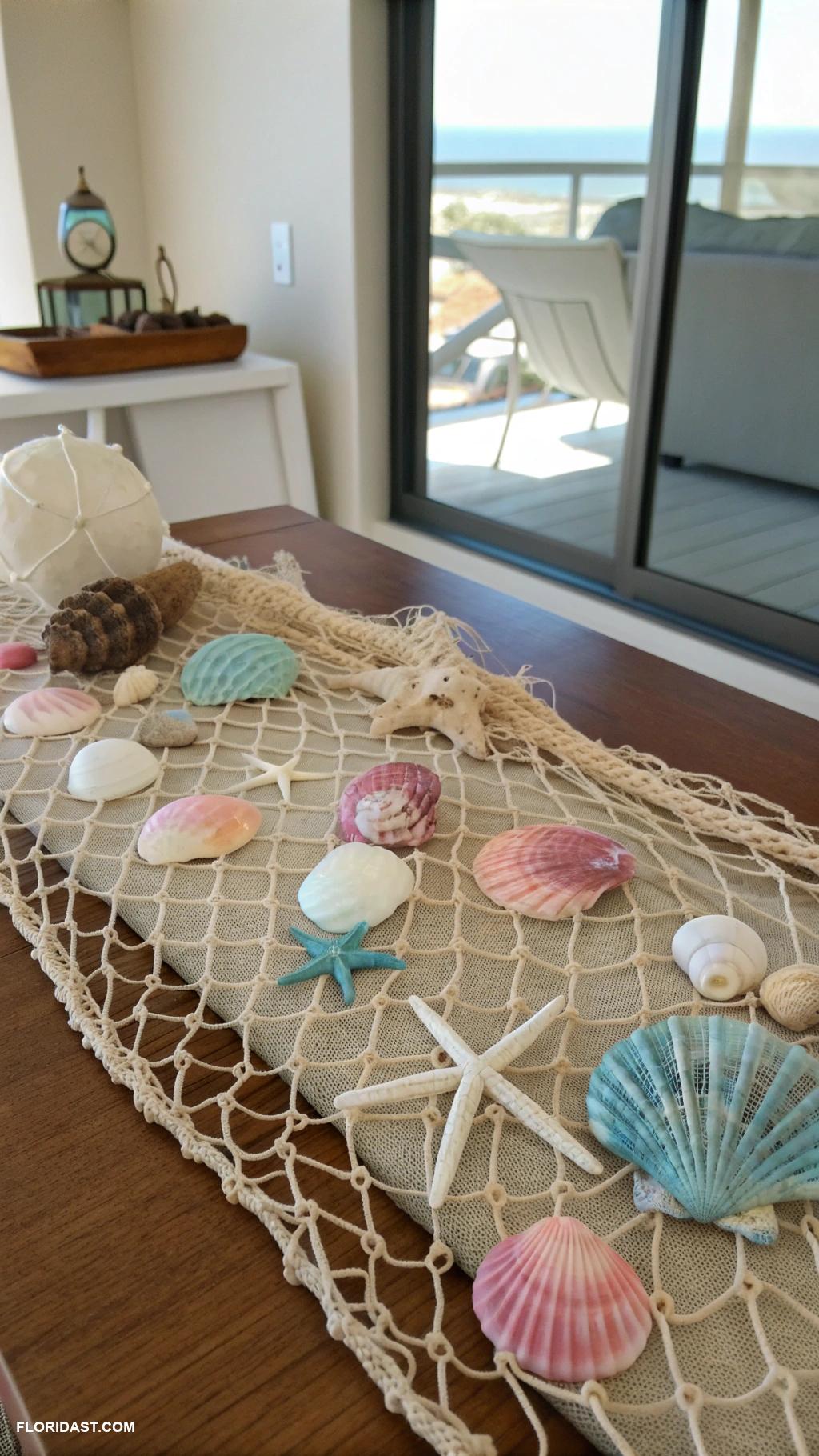coastal coffee table decor Fishnet and shells arrangement