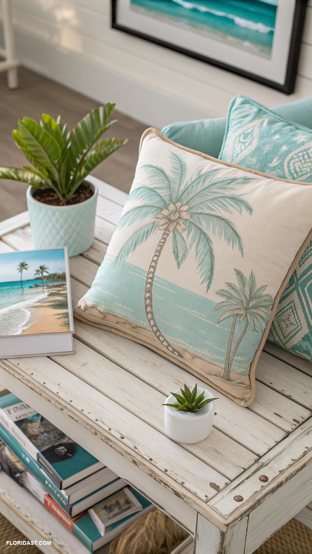 coastal coffee table decor Palm tree decorative pillows