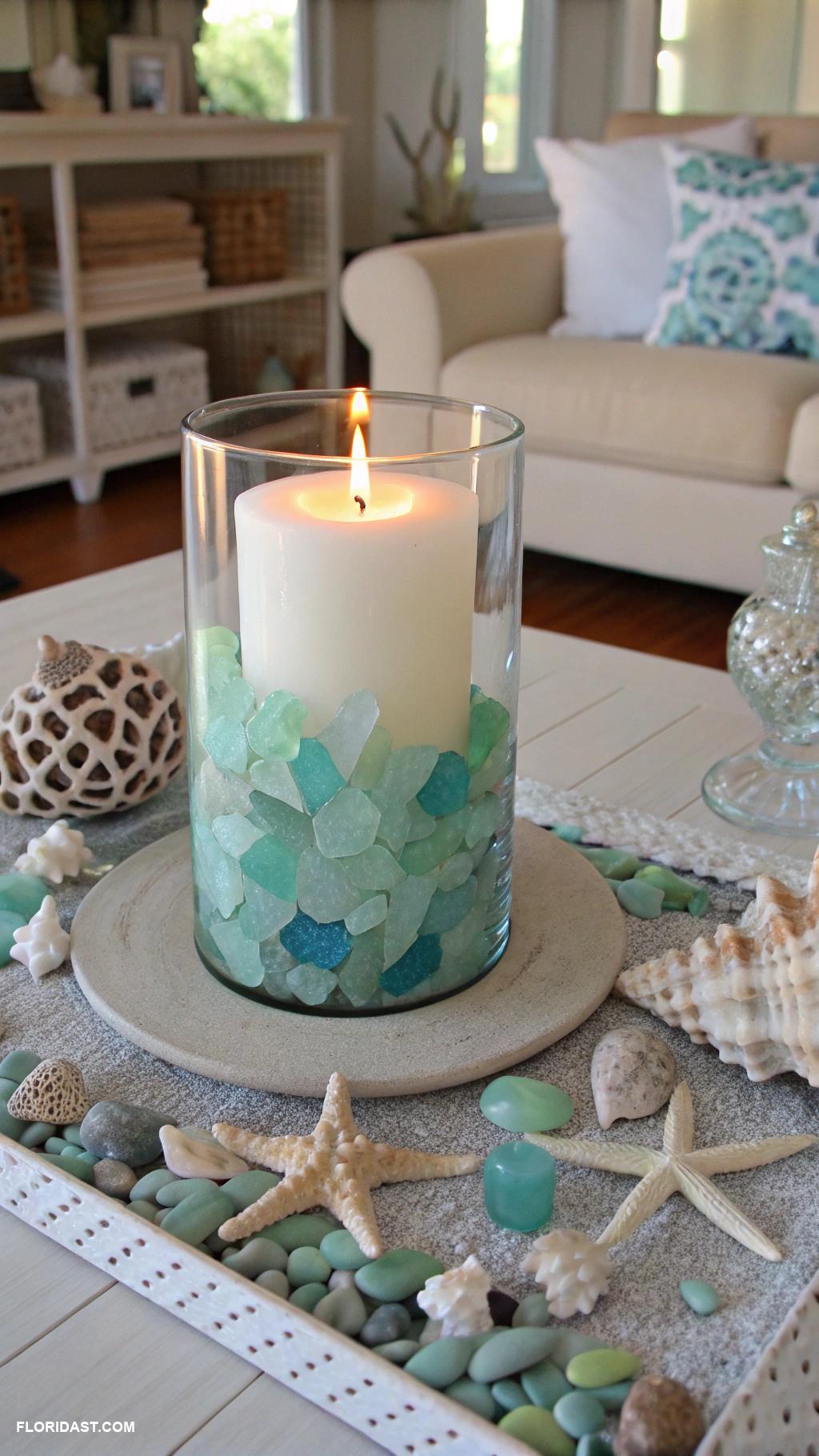 coastal coffee table decor Sea glass candle holder