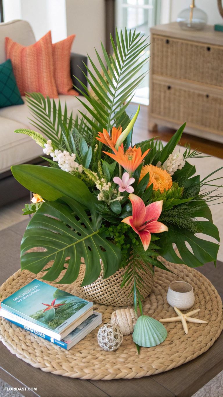 coastal coffee table decor Tropical foliage arrangements