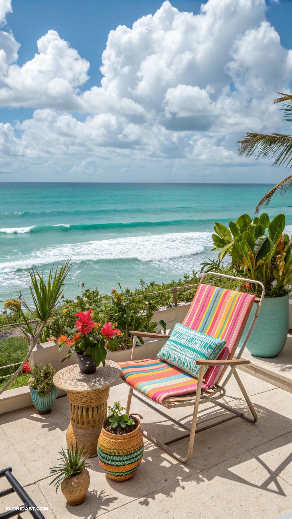 coastal patio ideas Colorful beach chairs with ocean view