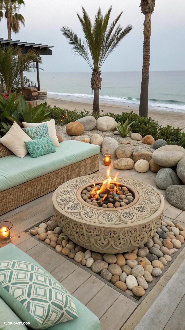 coastal patio ideas Fire pit with beach stone surround
