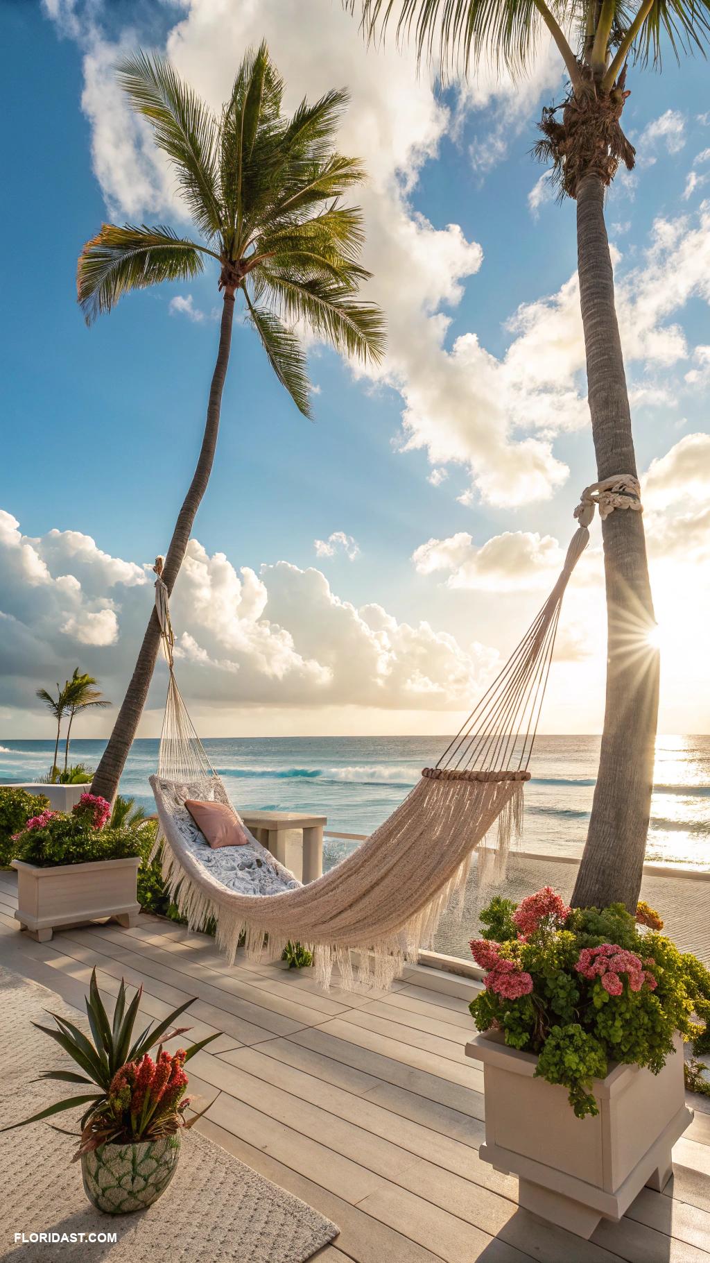 coastal patio ideas Hammock strung between palm trees