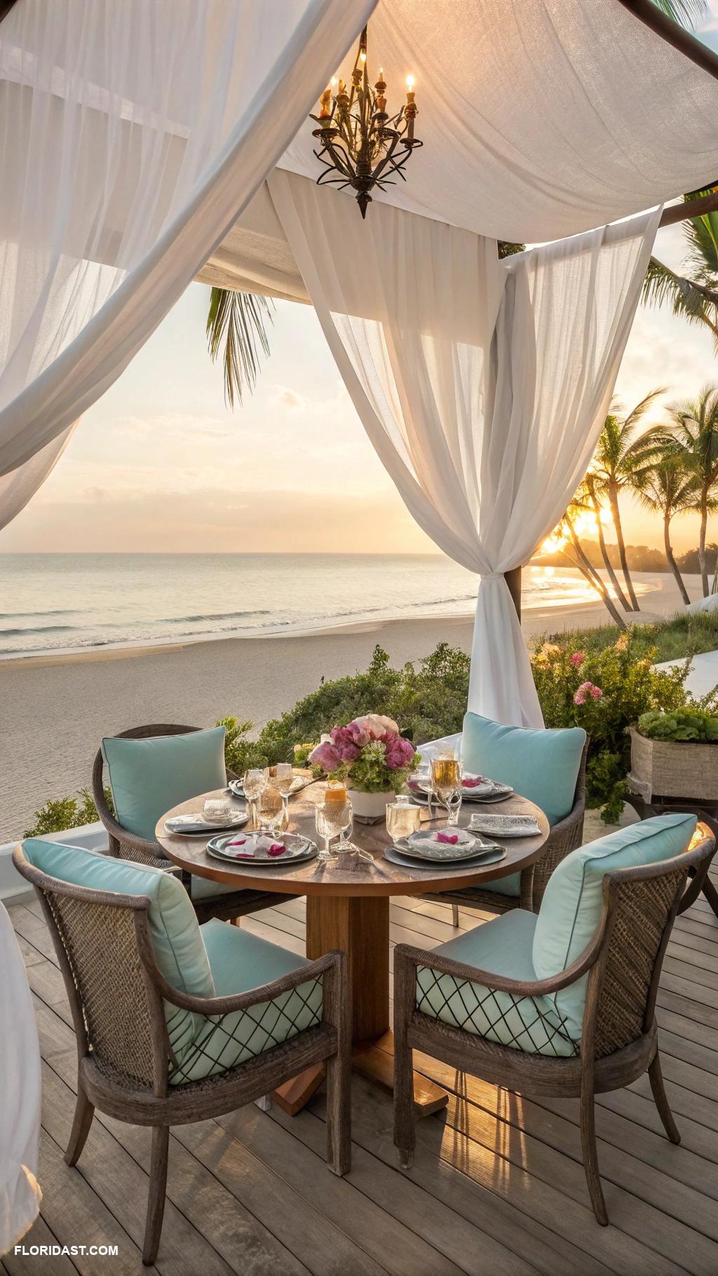 coastal patio ideas Outdoor dining set under a sail