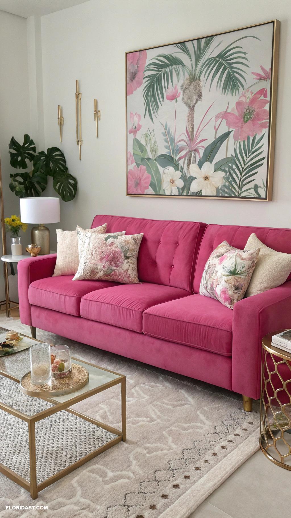 pink living rooms Bold fuchsia sofa with neutral accessories