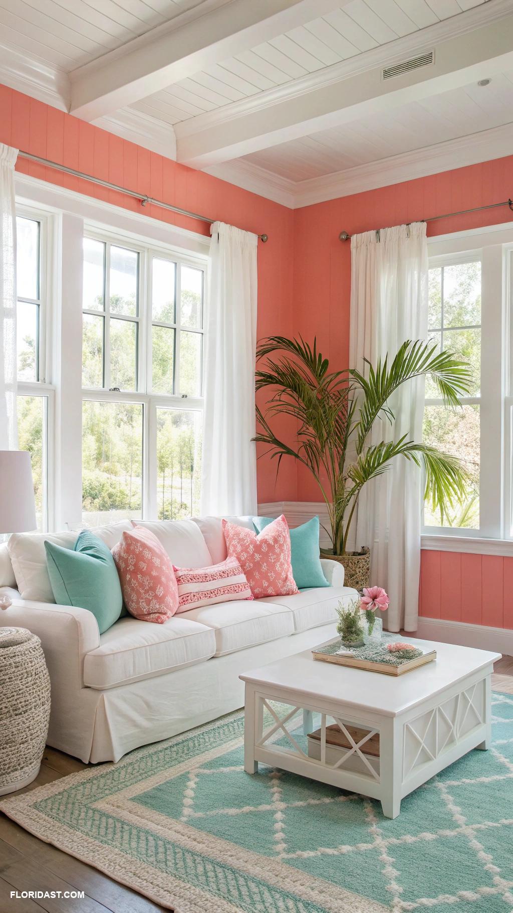 pink living rooms Bright coral walls with white trim
