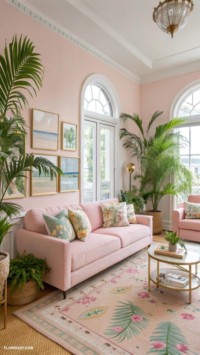 pink living rooms Light pink walls with vibrant green plants