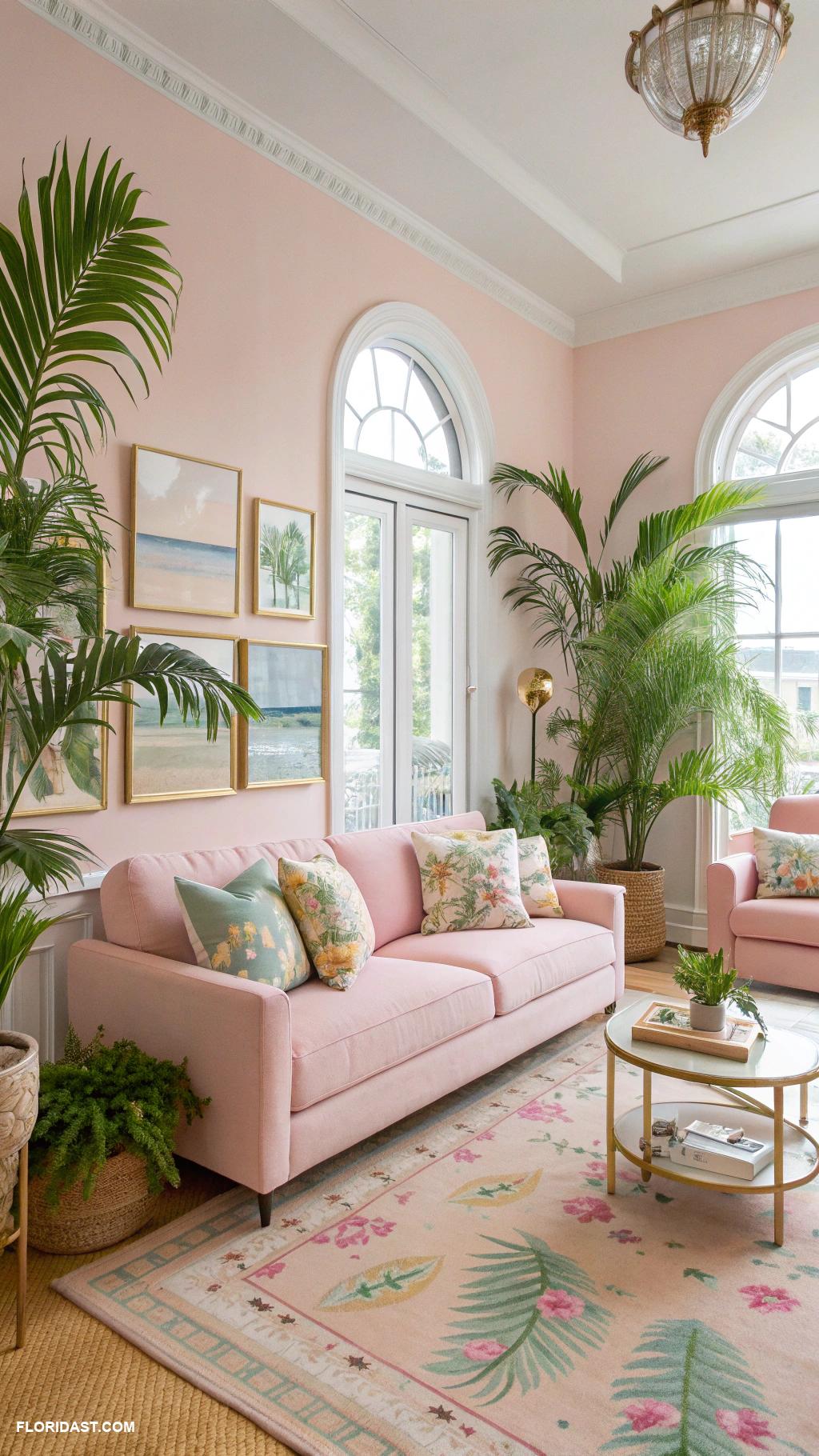 pink living rooms Light pink walls with vibrant green plants