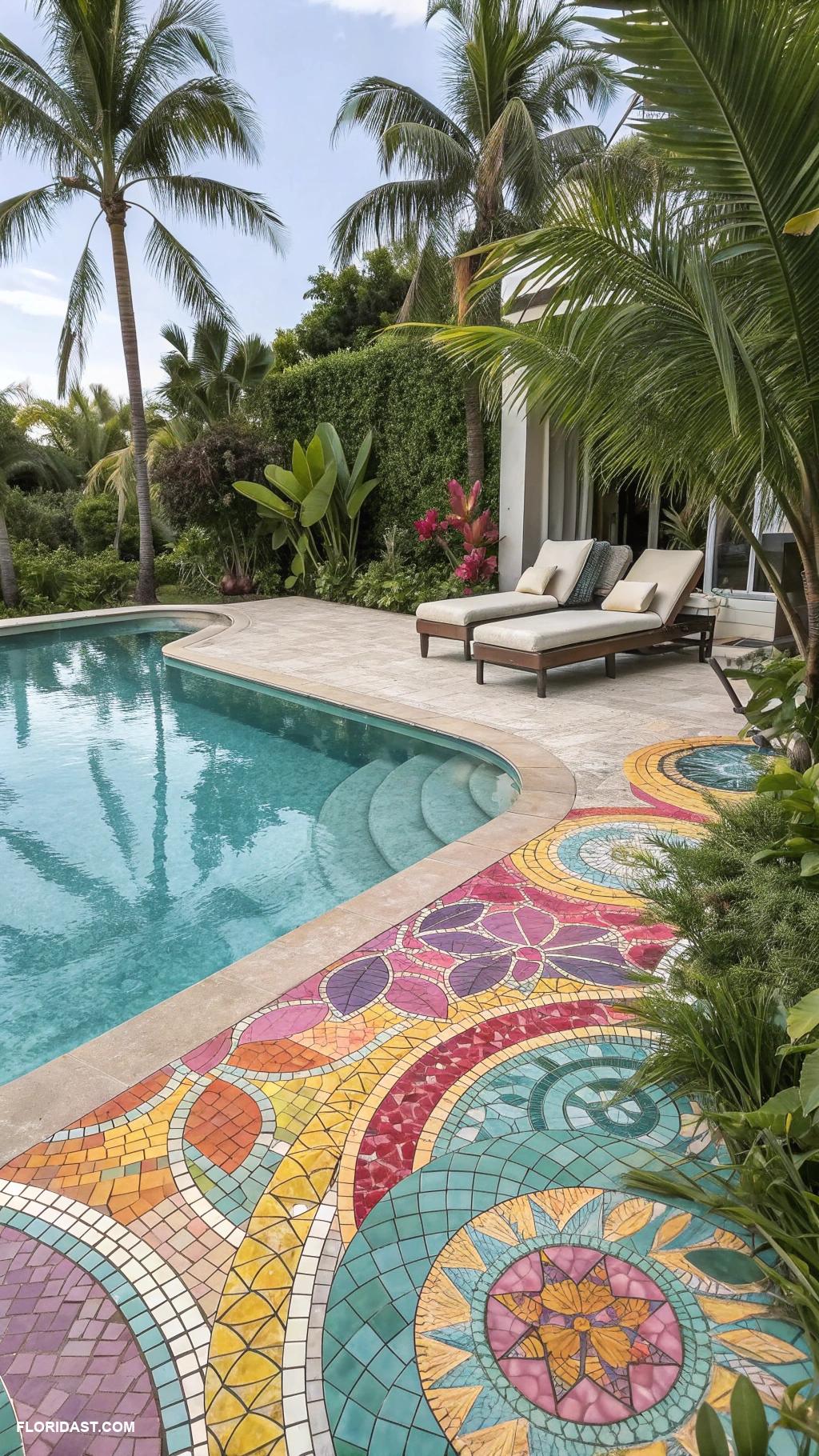 pool landscape design Colorful mosaic tile accents