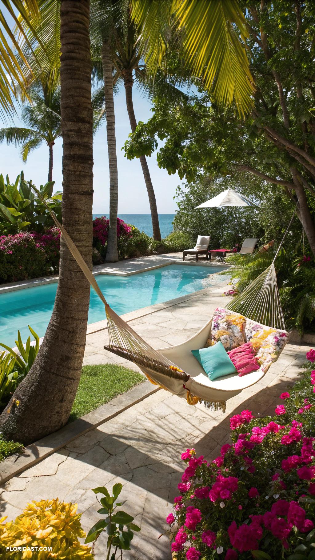pool landscape design Relaxing hammock under shady trees
