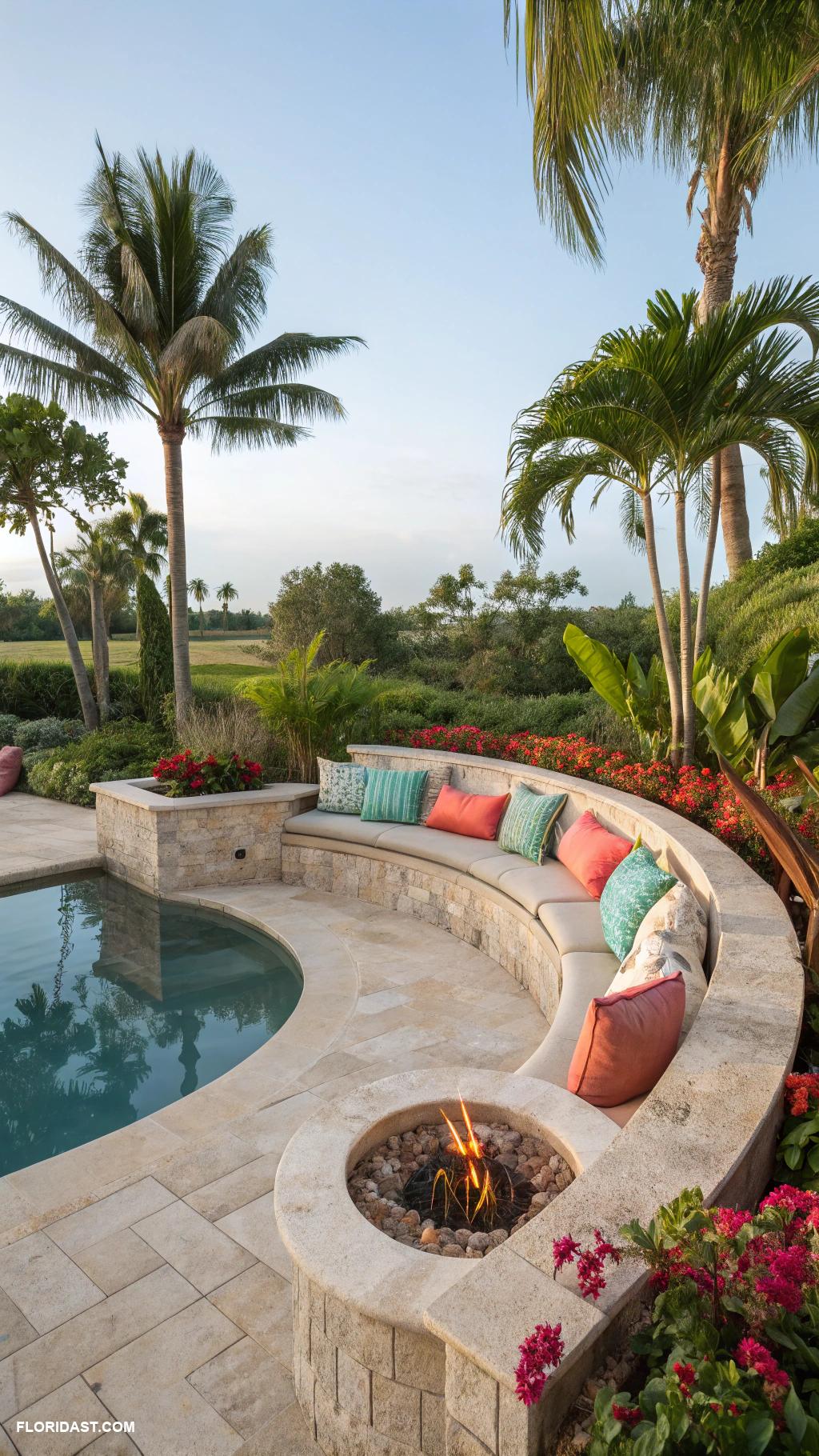 pool landscape design Sunken fire pit beside the pool