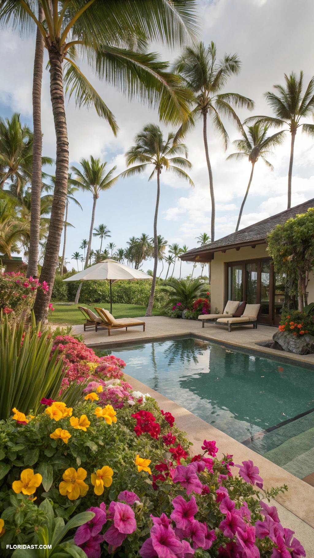 pool landscape design Tropical palm trees and vibrant flowers