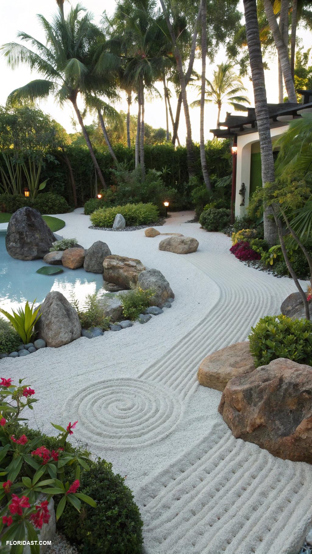 pool landscape design Zen garden with sand and stones