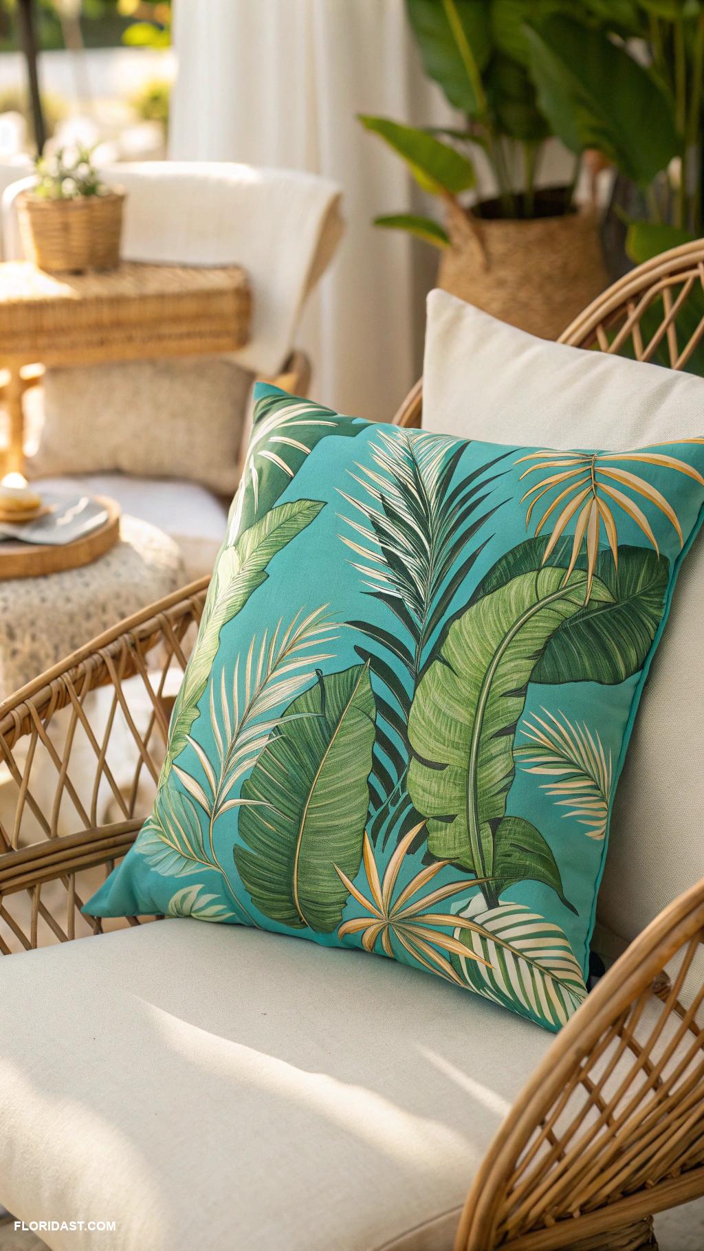 rattan home decor Rattan accent pillows with palm prints