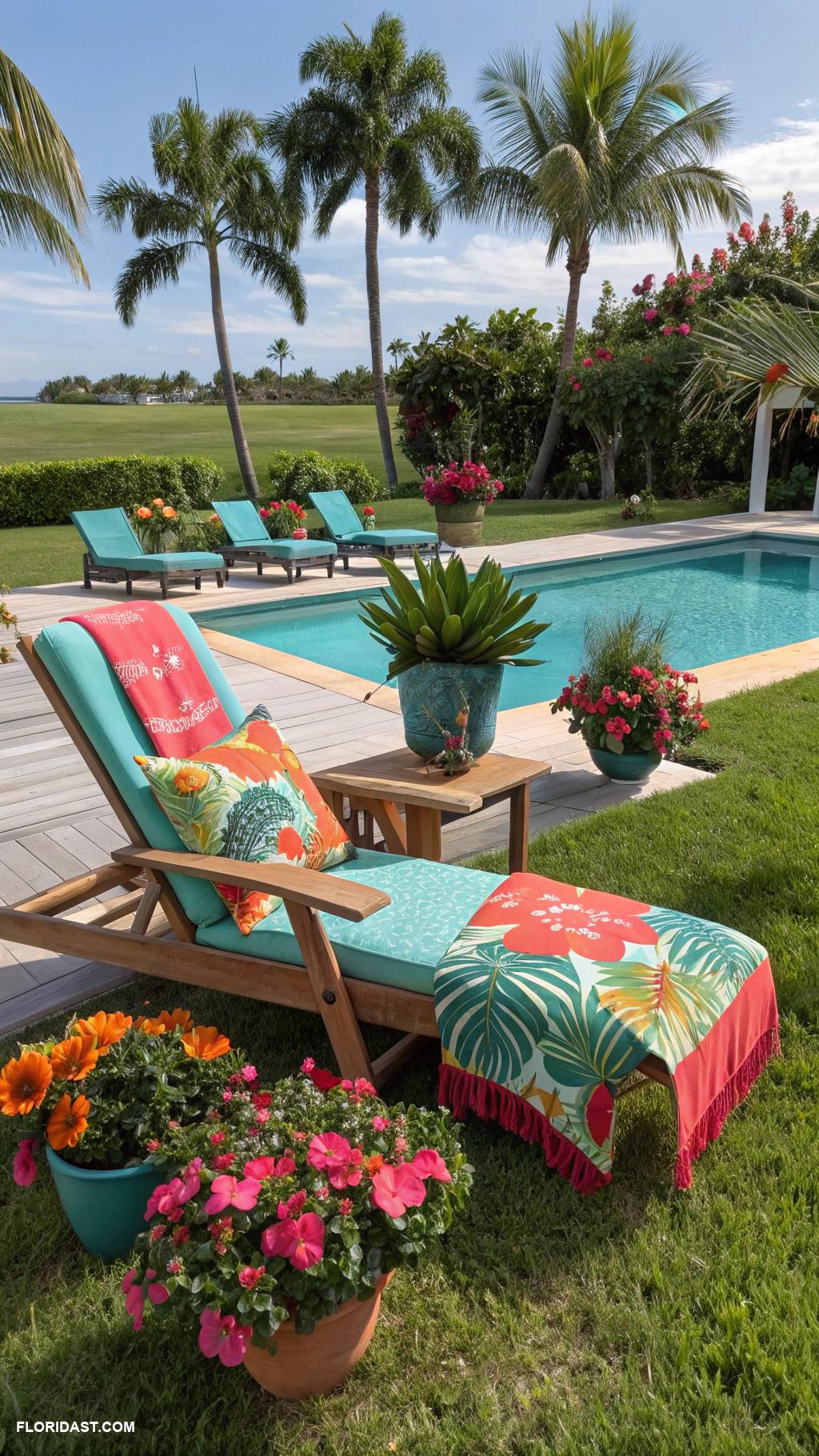 resort style backyard Colorful beach lounge chairs