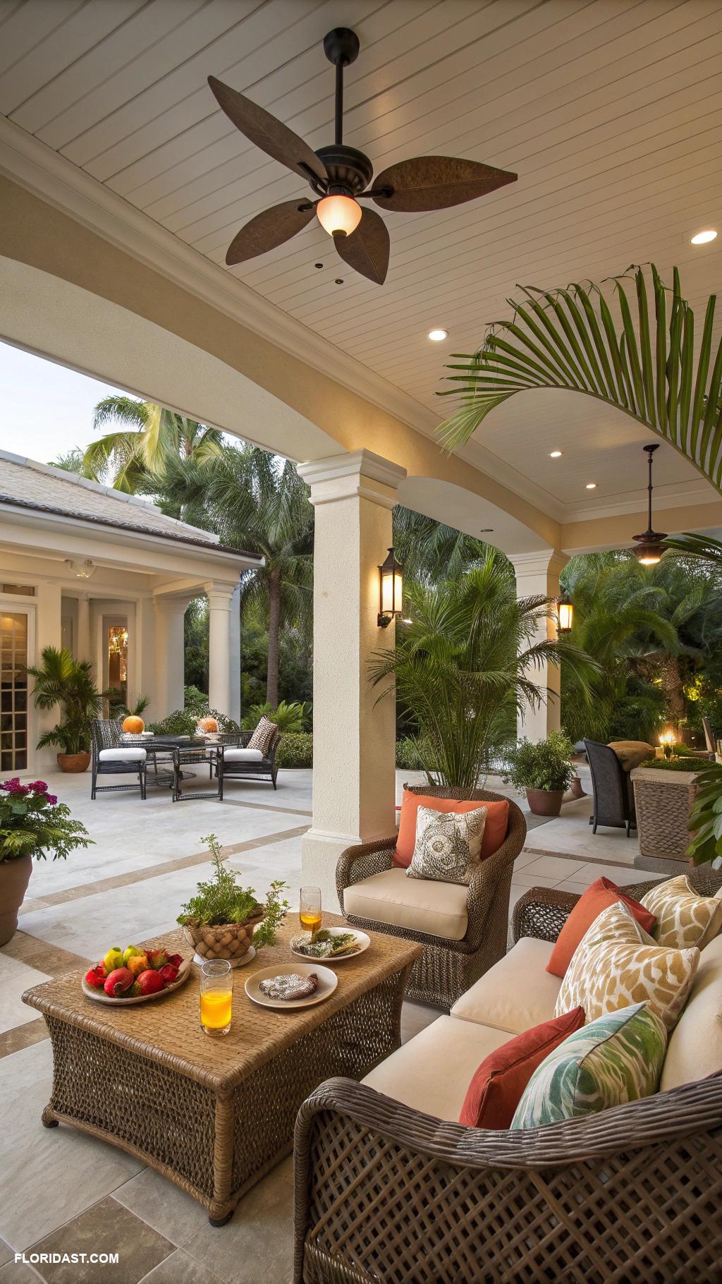 resort style backyard Covered patio with ceiling fans