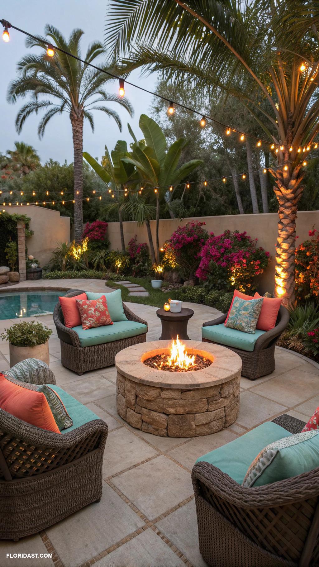 resort style backyard Fire pit surrounded by seating