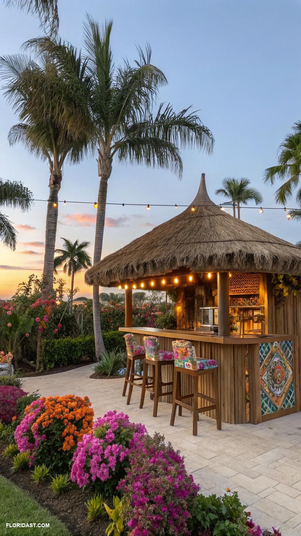 resort style backyard Palm thatched tiki hut bar