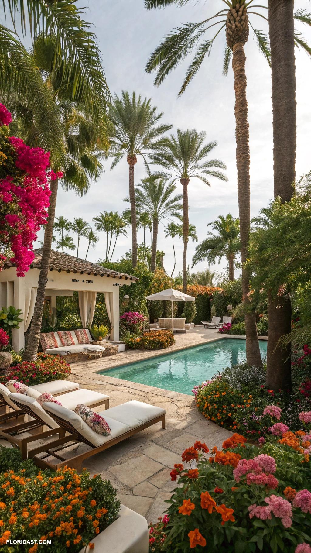 resort style backyard Tropical landscaping with palm trees
