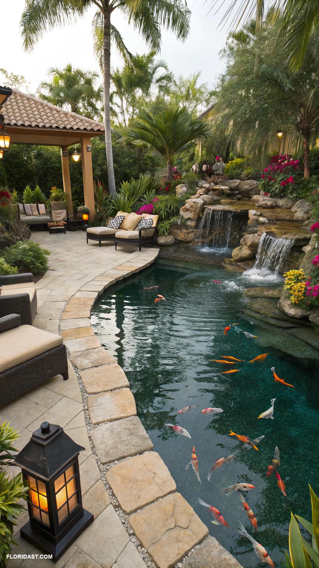 resort style backyard Water feature with koi pond