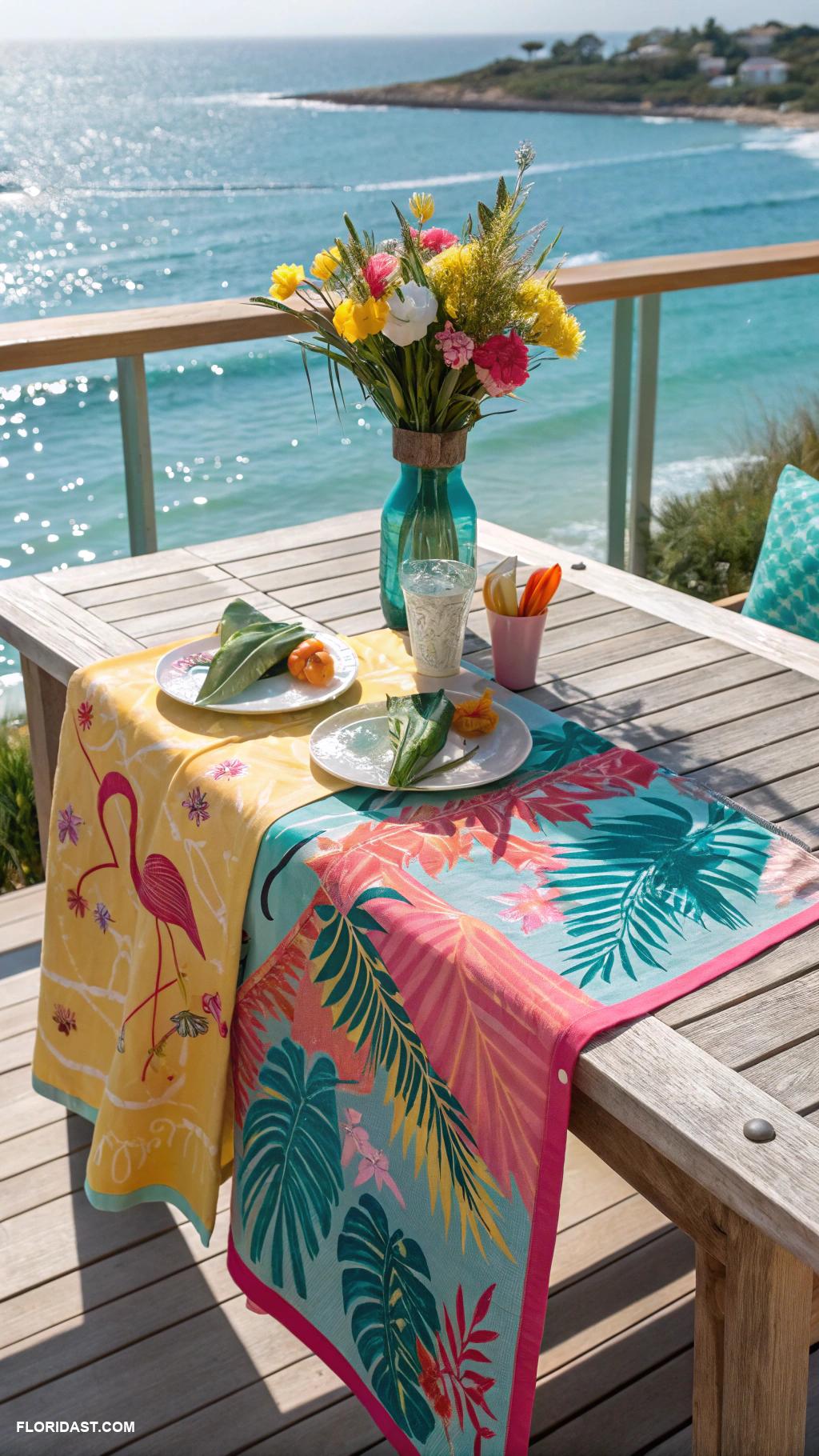 table setting ideas Colorful beach towels as table runners