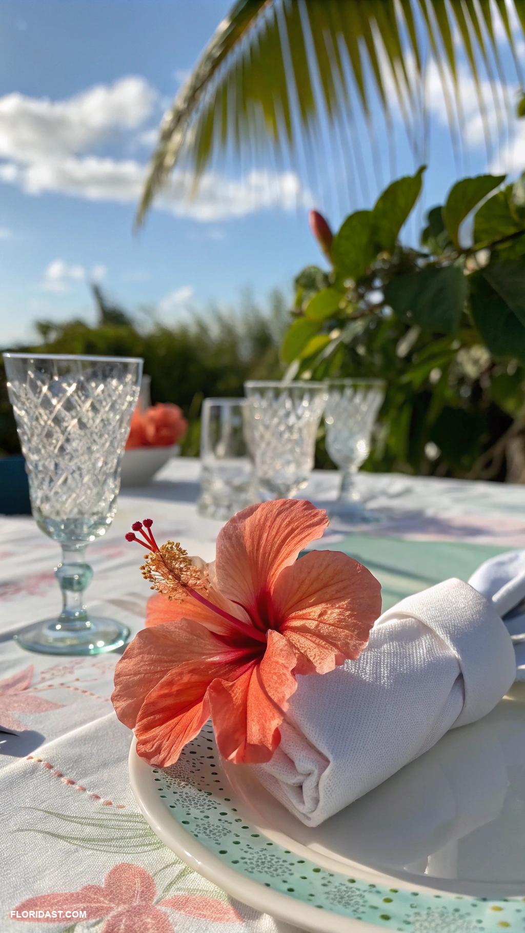 table setting ideas Hibiscus flowers as napkin rings