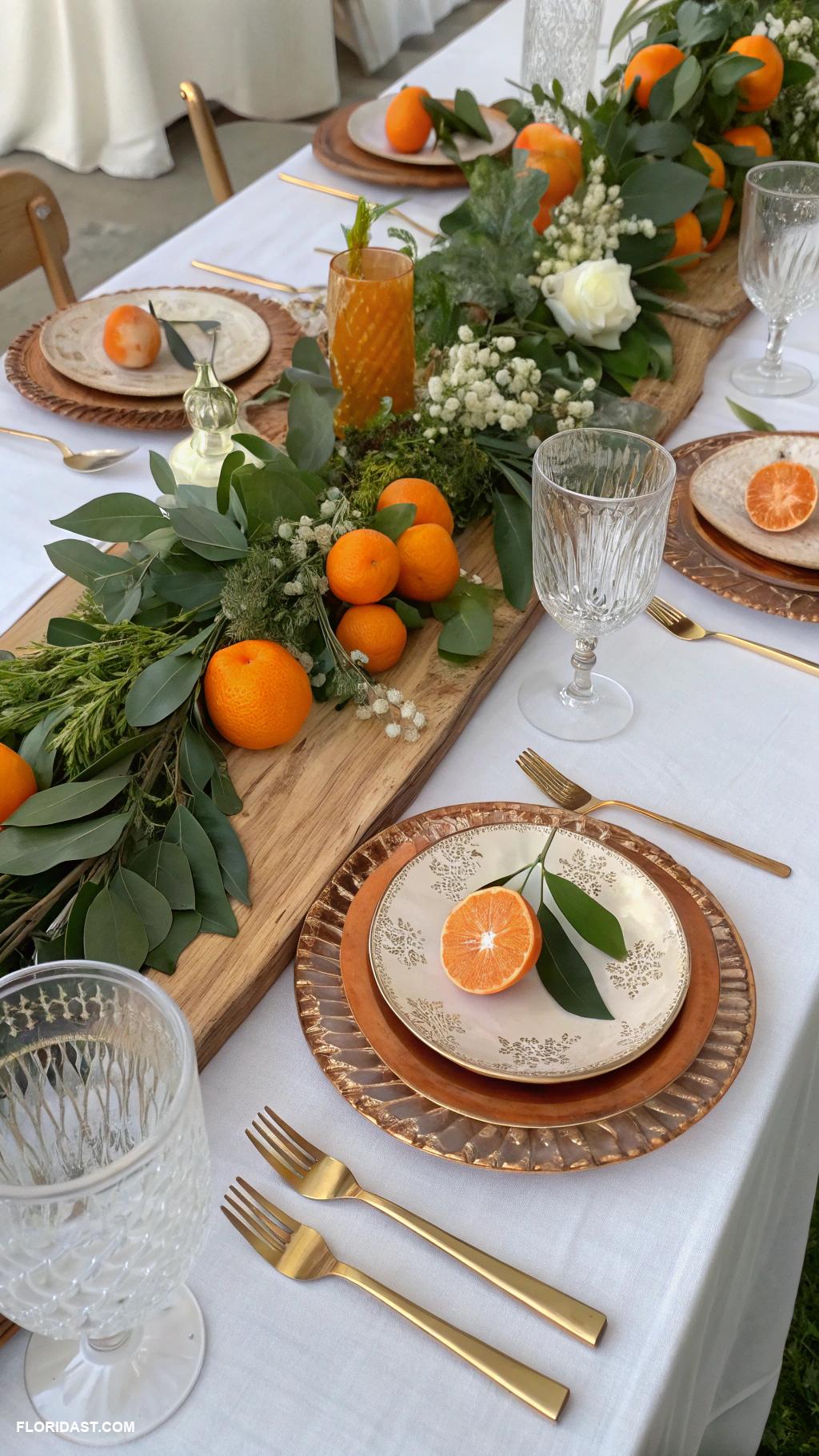 table setting ideas Metallic accents reminiscent of orange groves