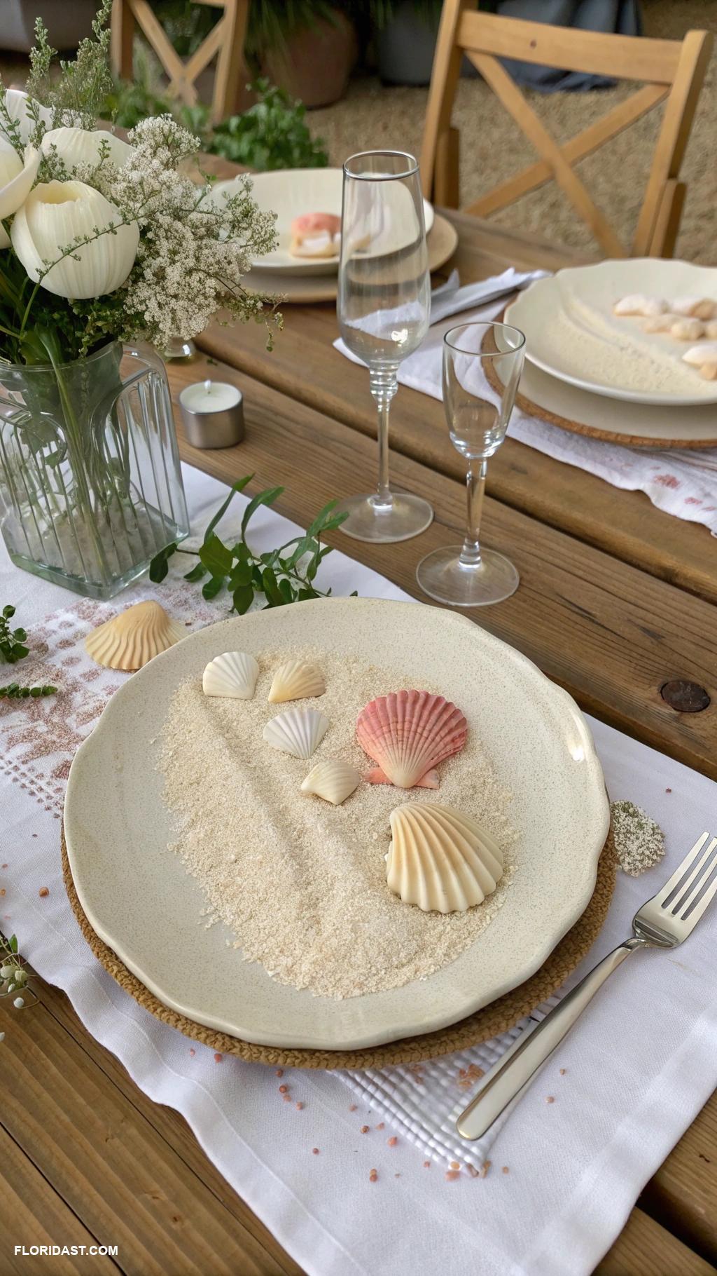 table setting ideas Seashells and sand as table decor