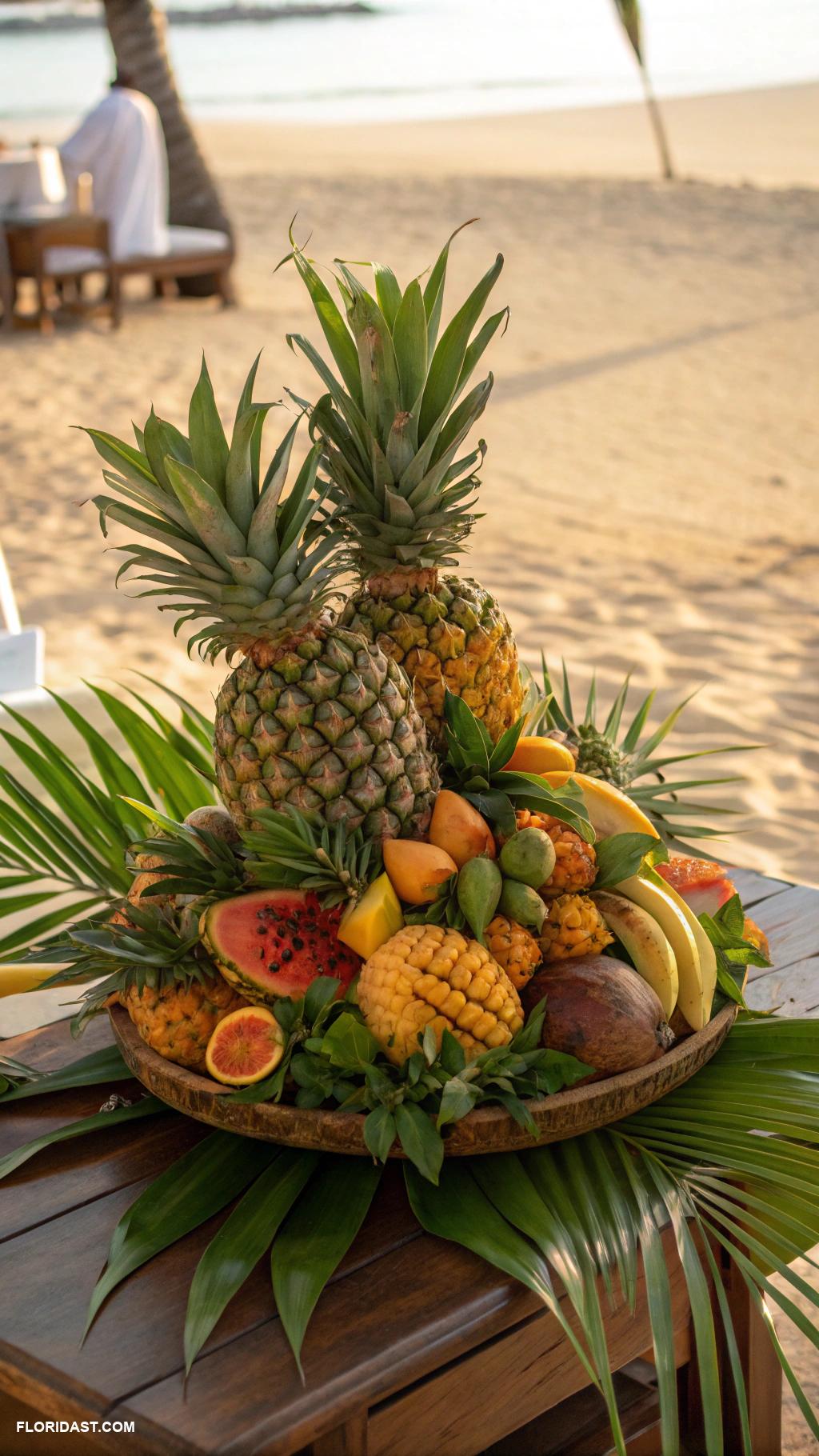table setting ideas Tropical fruit centerpiece with palm leaves