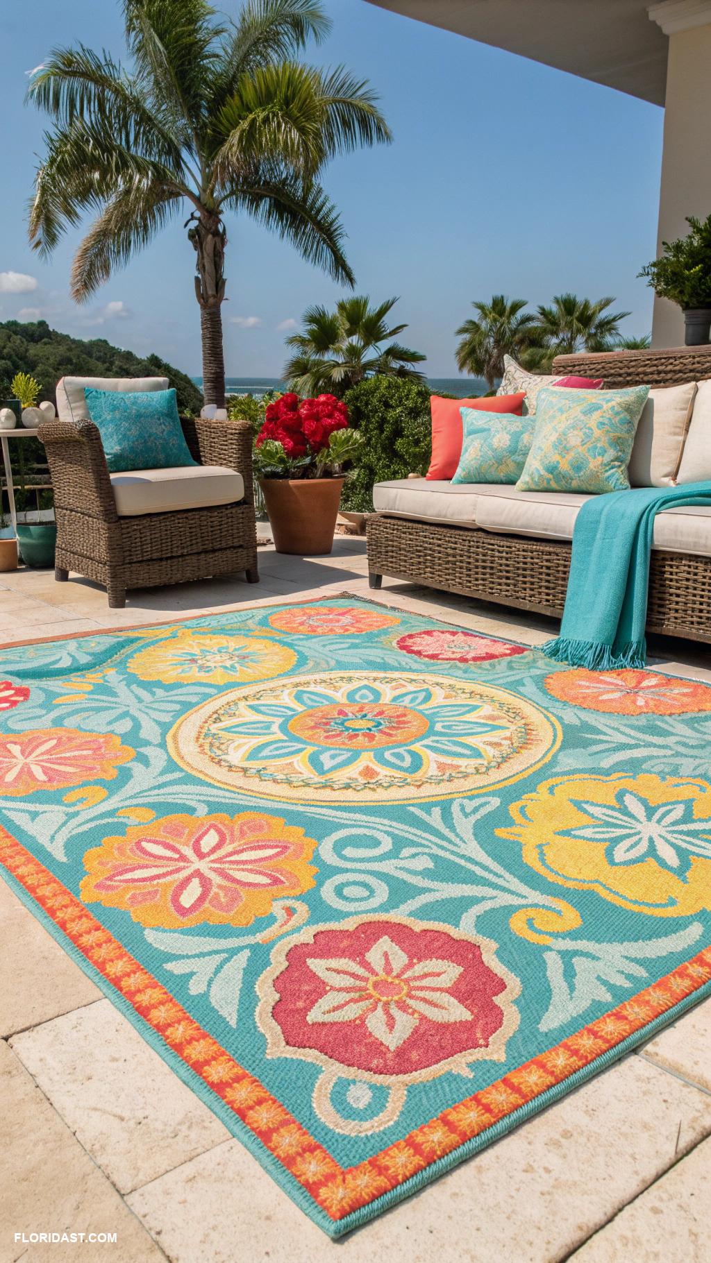 travertine patio ideas Colorful outdoor rugs for added comfort