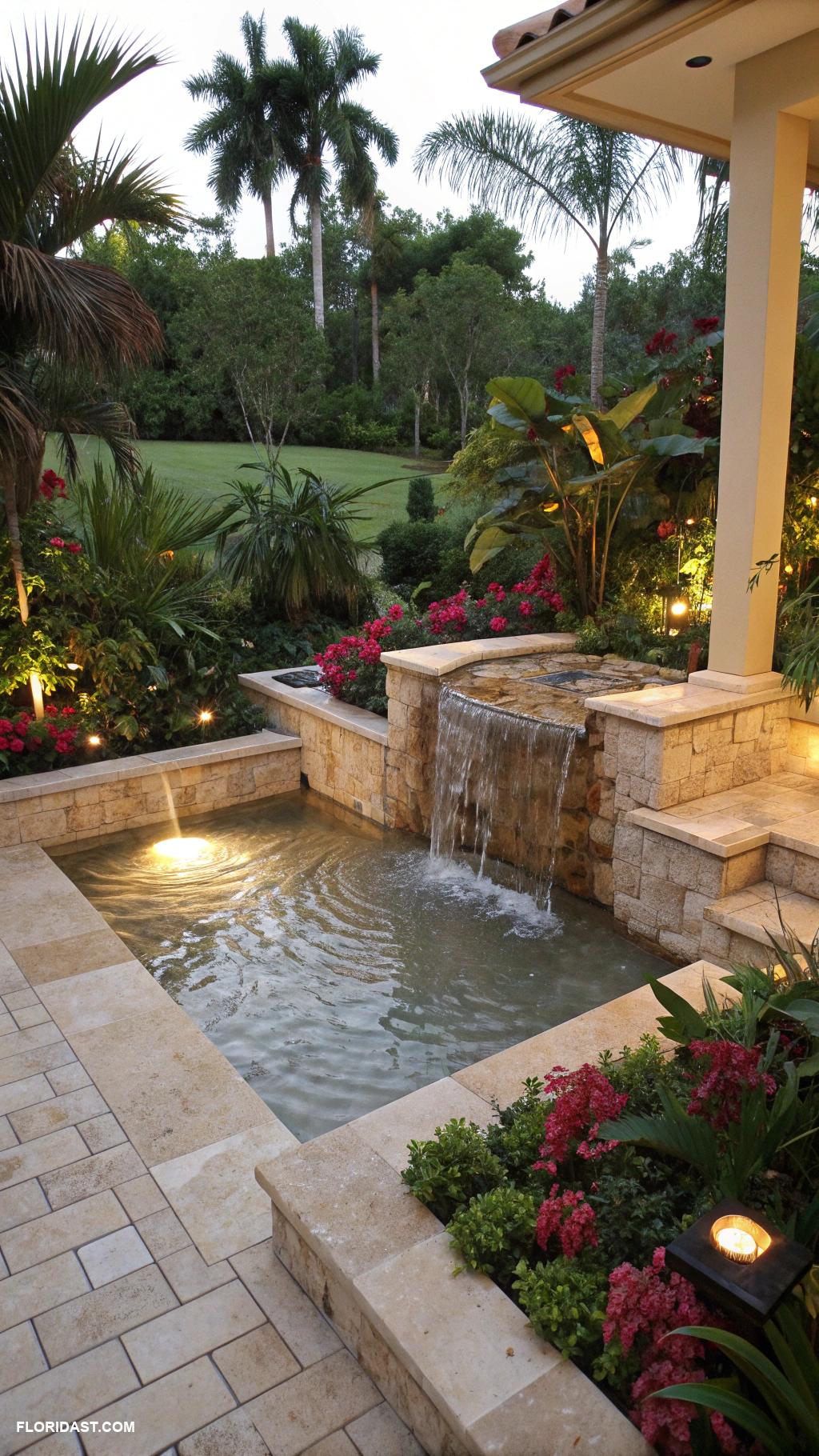 travertine patio ideas Integrated water feature for tranquility