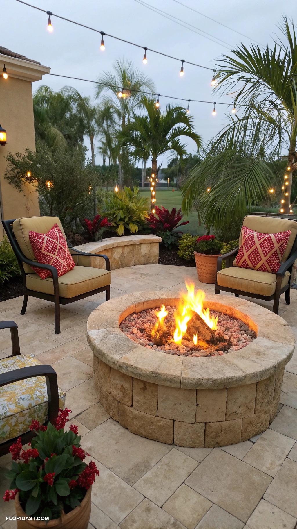travertine patio ideas Open fire pit for cozy evenings