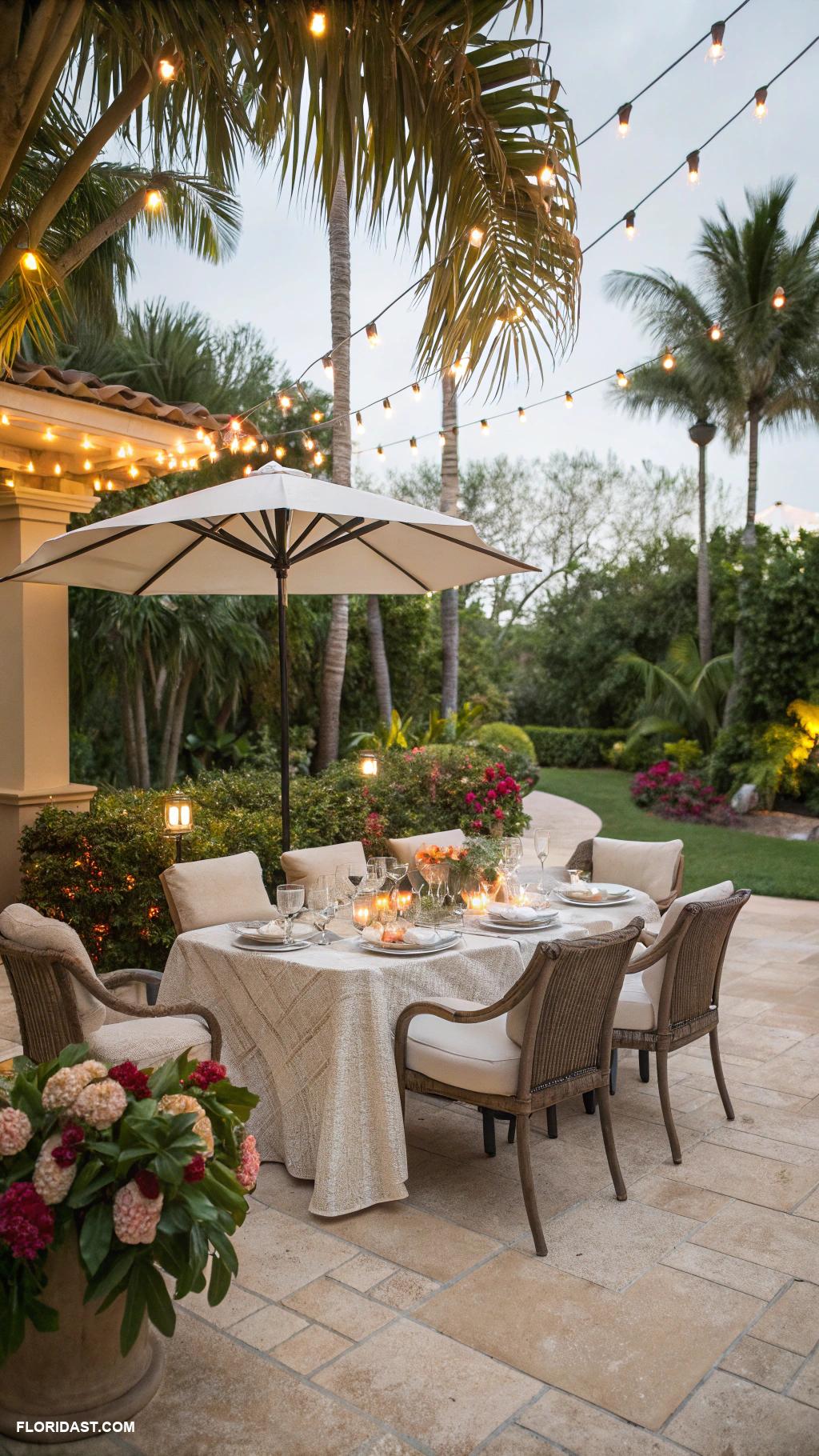 travertine patio ideas Outdoor dining space with beautiful lighting