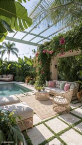 travertine patio ideas Tropical plants surrounding the patio area