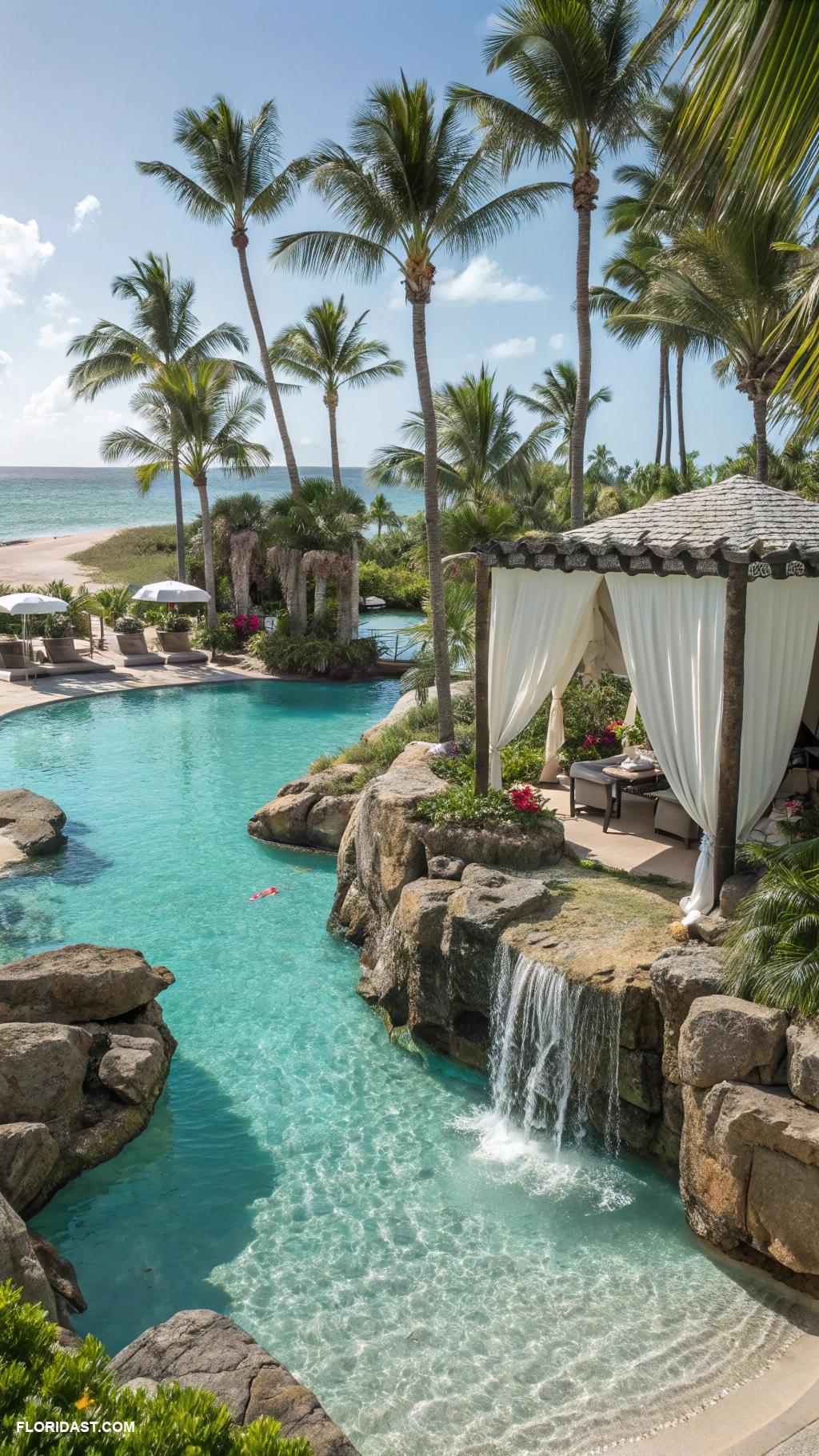 tropical pools Resort style lagoon pool with palm trees