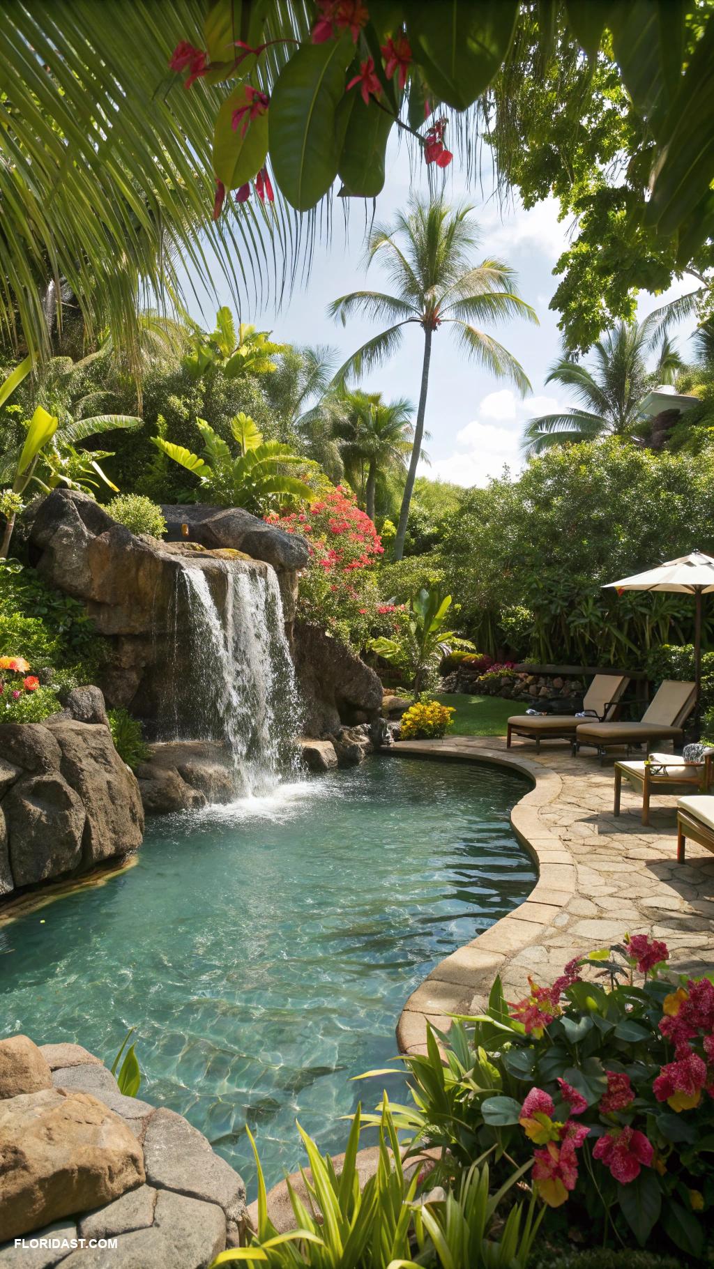 tropical pools Waterfall pool with tropical landscaping
