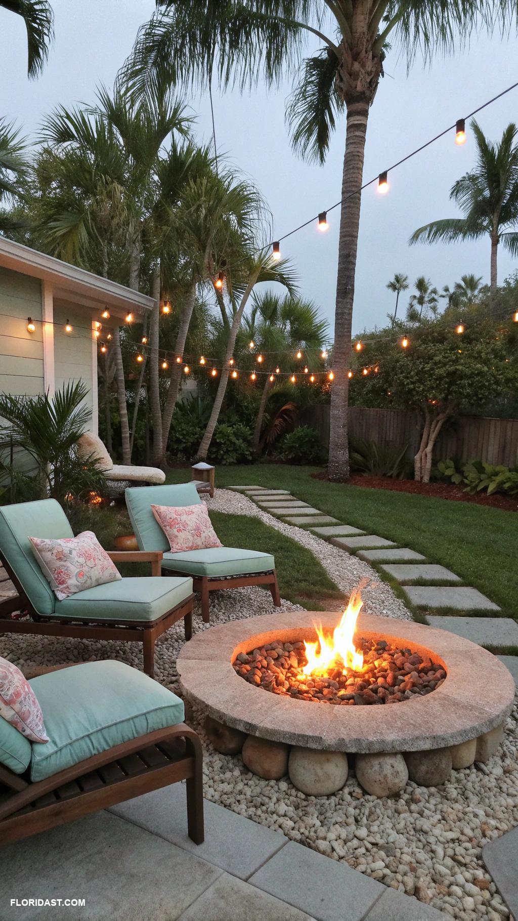beach house backyard Fire pit surrounded by lounge chairs