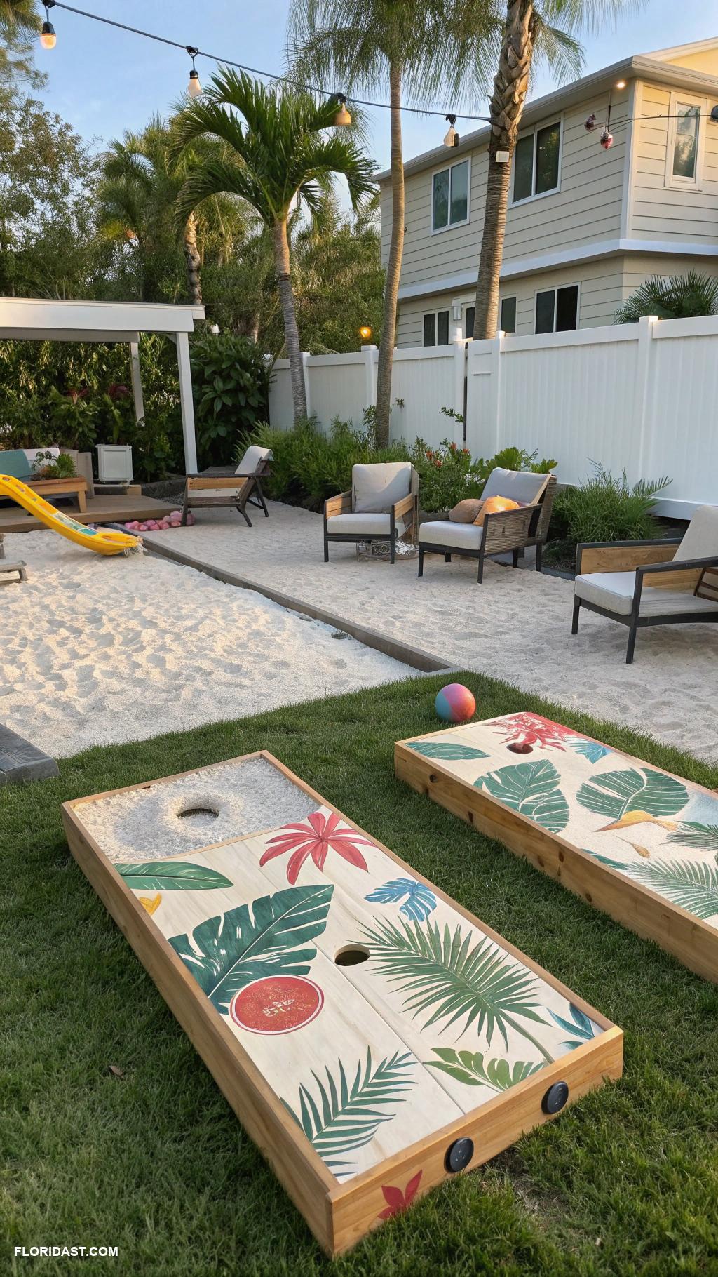 beach house backyard Game area with cornhole and bocce ball