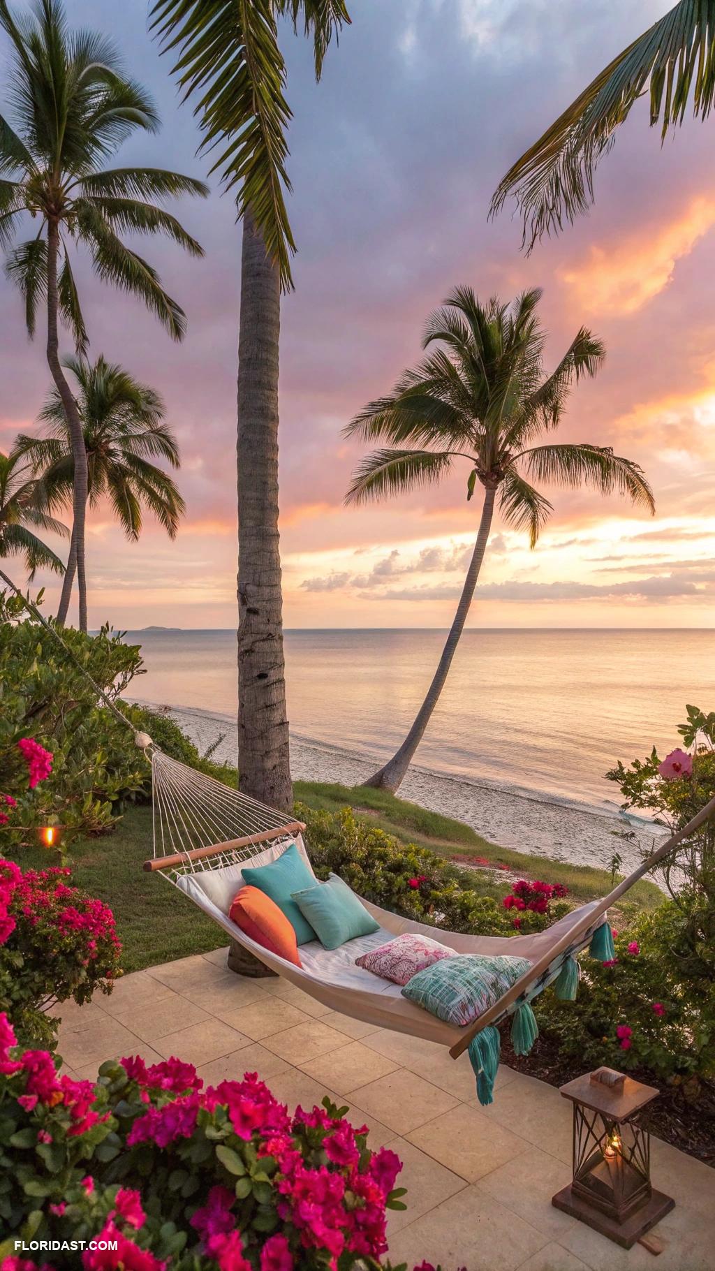 beach house backyard Hammock strung between palm trees