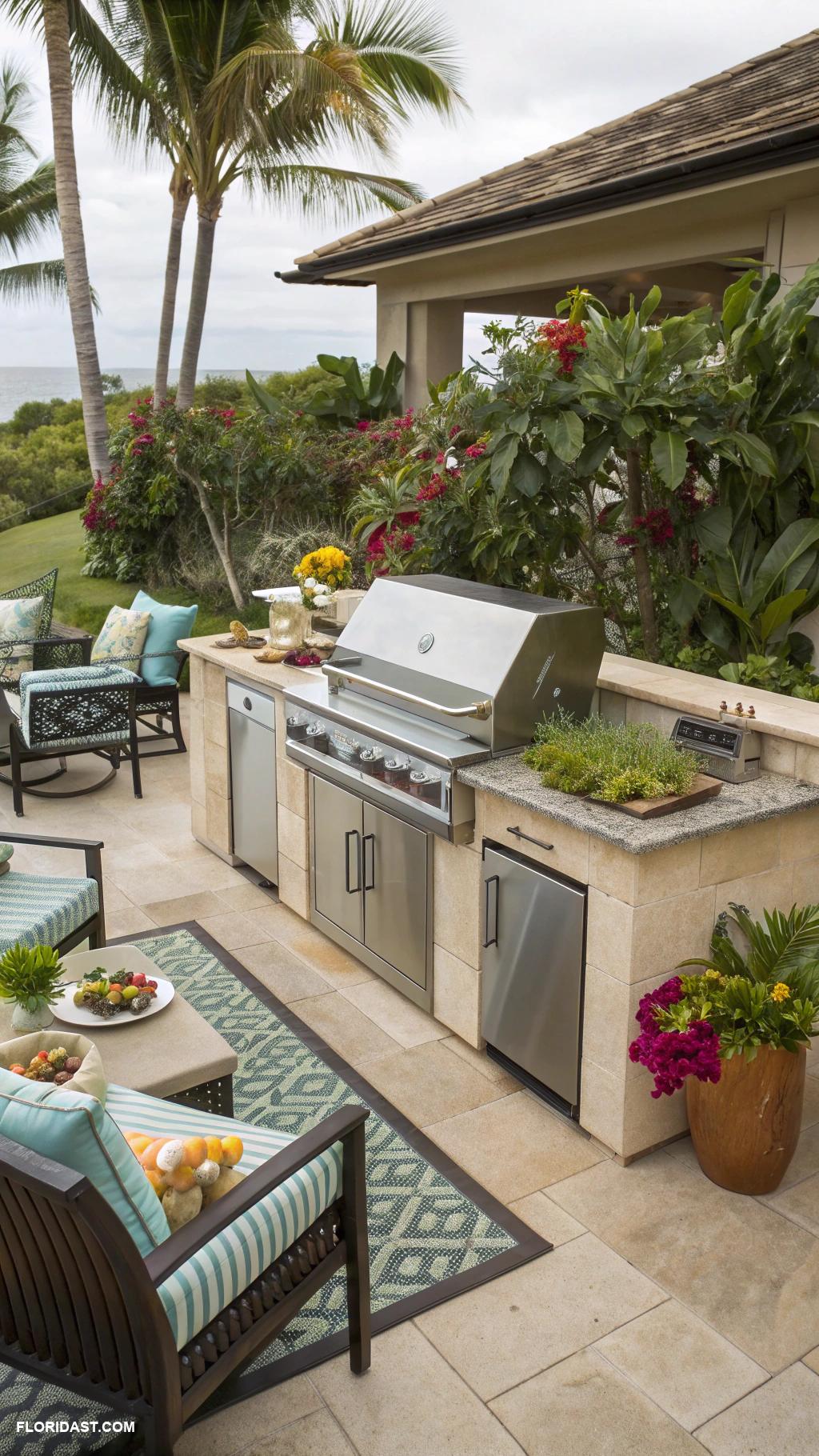 beach house backyard Outdoor kitchen with grill and seating area