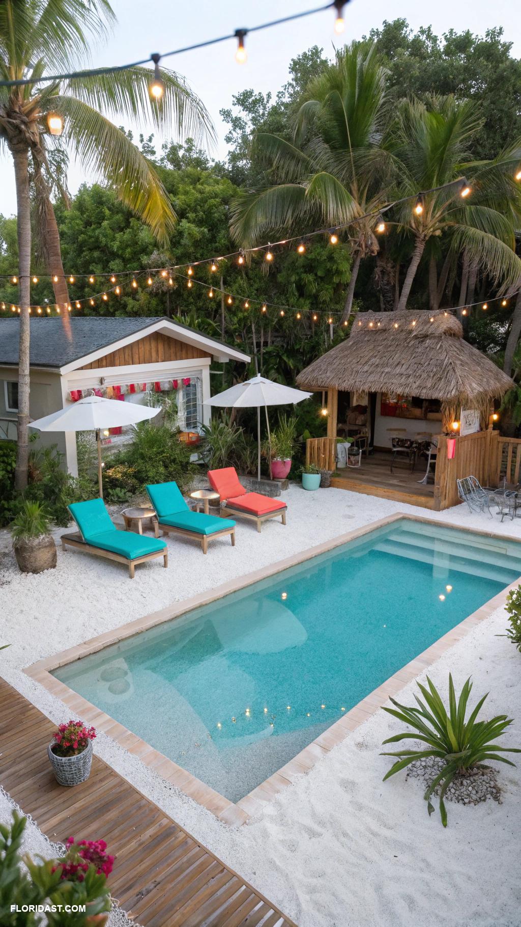 beach house backyard Swimming pool with beach themed decor