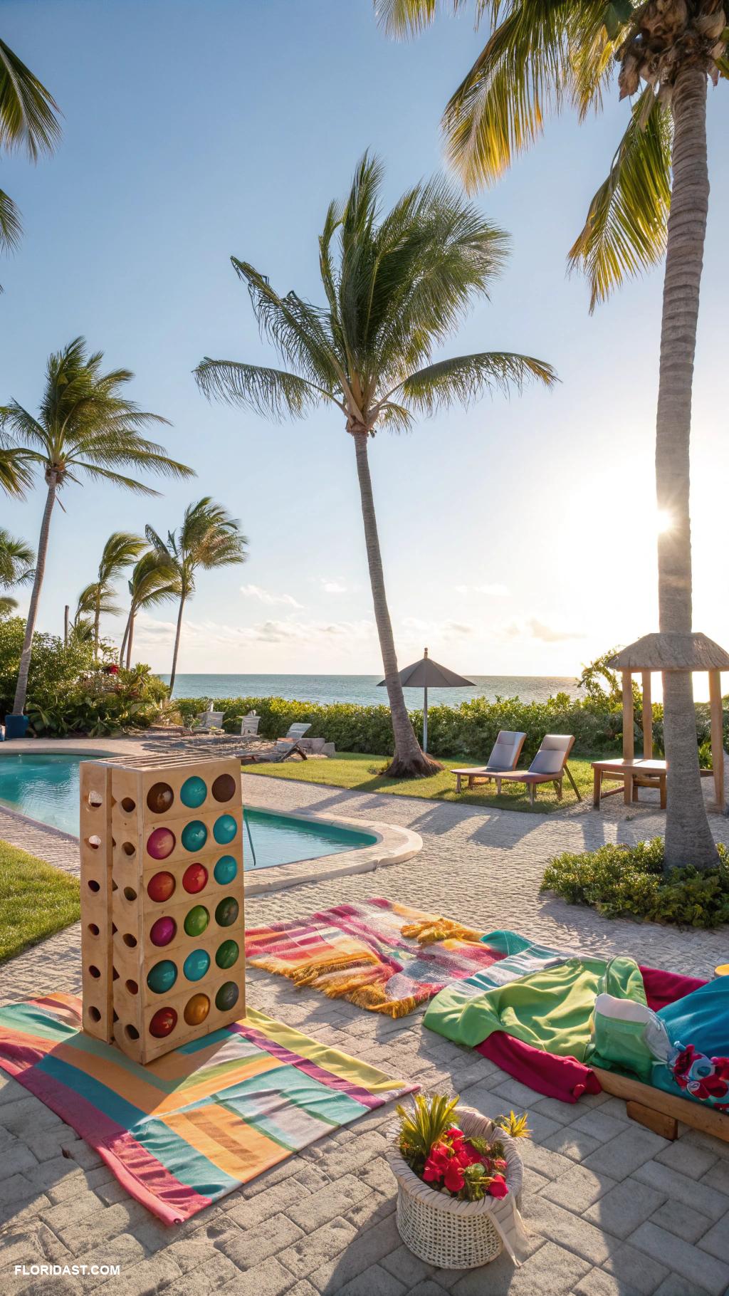 beach house backyard Yard games like giant Jenga and connect four