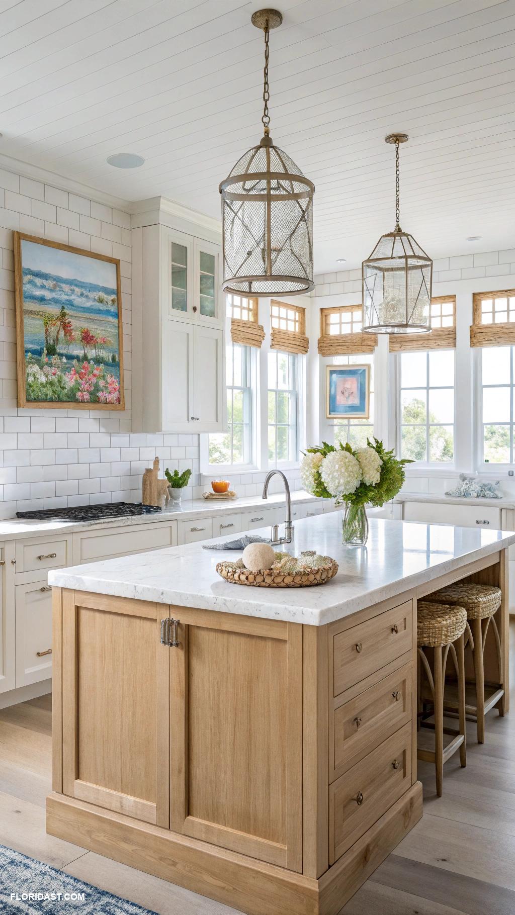 beach house kitchens Light wood cabinetry and white accents