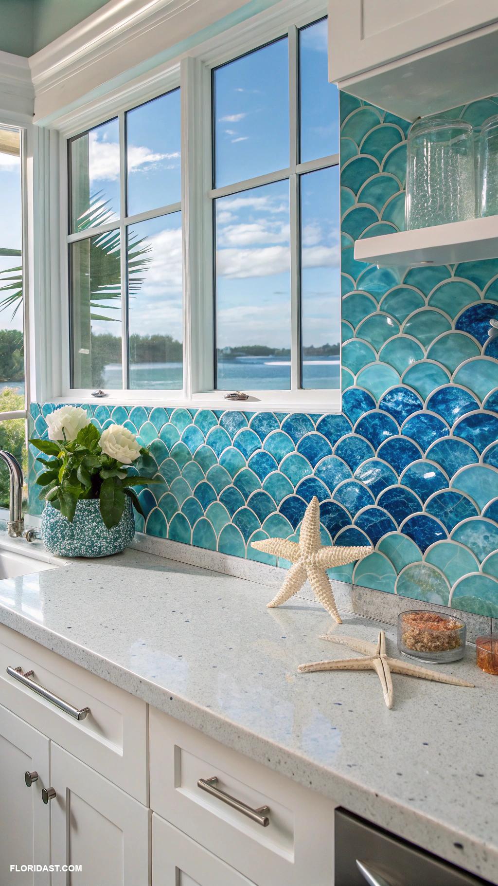 blue coastal kitchens Glass tile backsplash reflecting ocean waves