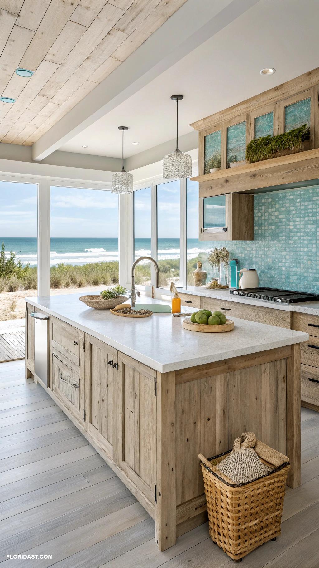 blue coastal kitchens Natural wood accents and beachy vibes