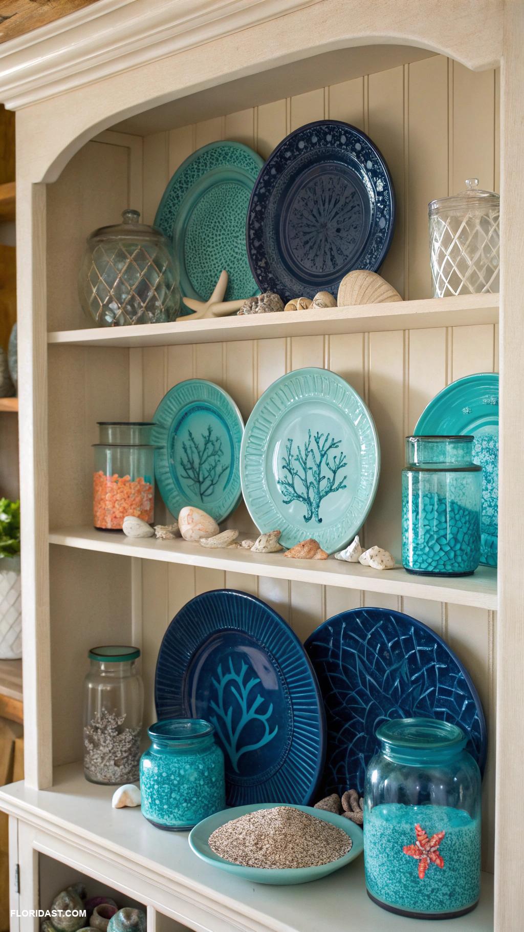 blue coastal kitchens Open shelving filled with ocean themed dishes