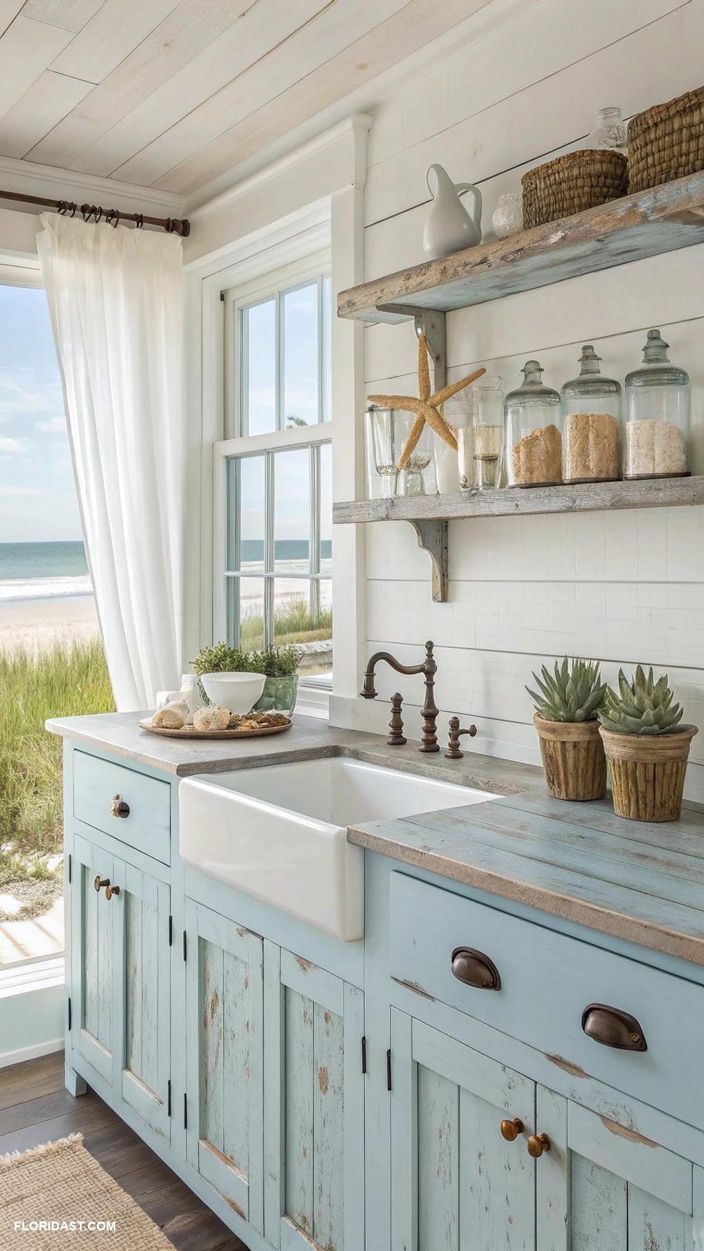 blue coastal kitchens Rustic reclaimed wood and coastal art