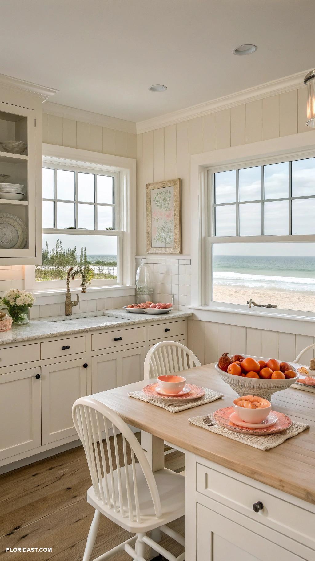 blue coastal kitchens Subtle coral accents against a neutral backdrop