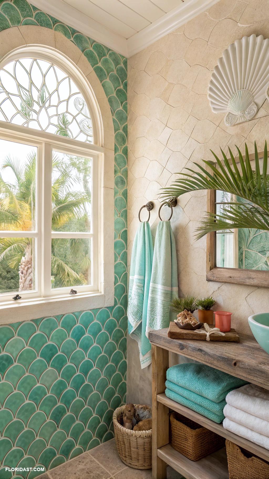 coastal bathroom tile ideas Fish scale shaped aqua tiles
