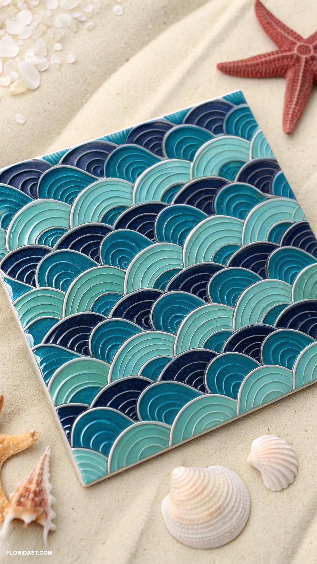 coastal bathroom tile ideas Oceanwave patterned blue ceramic tiles